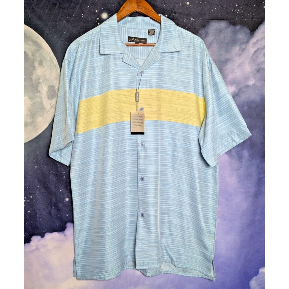 NWT Montique Blue Striped Button Shirt Size L Retro Resort Coastal Americana